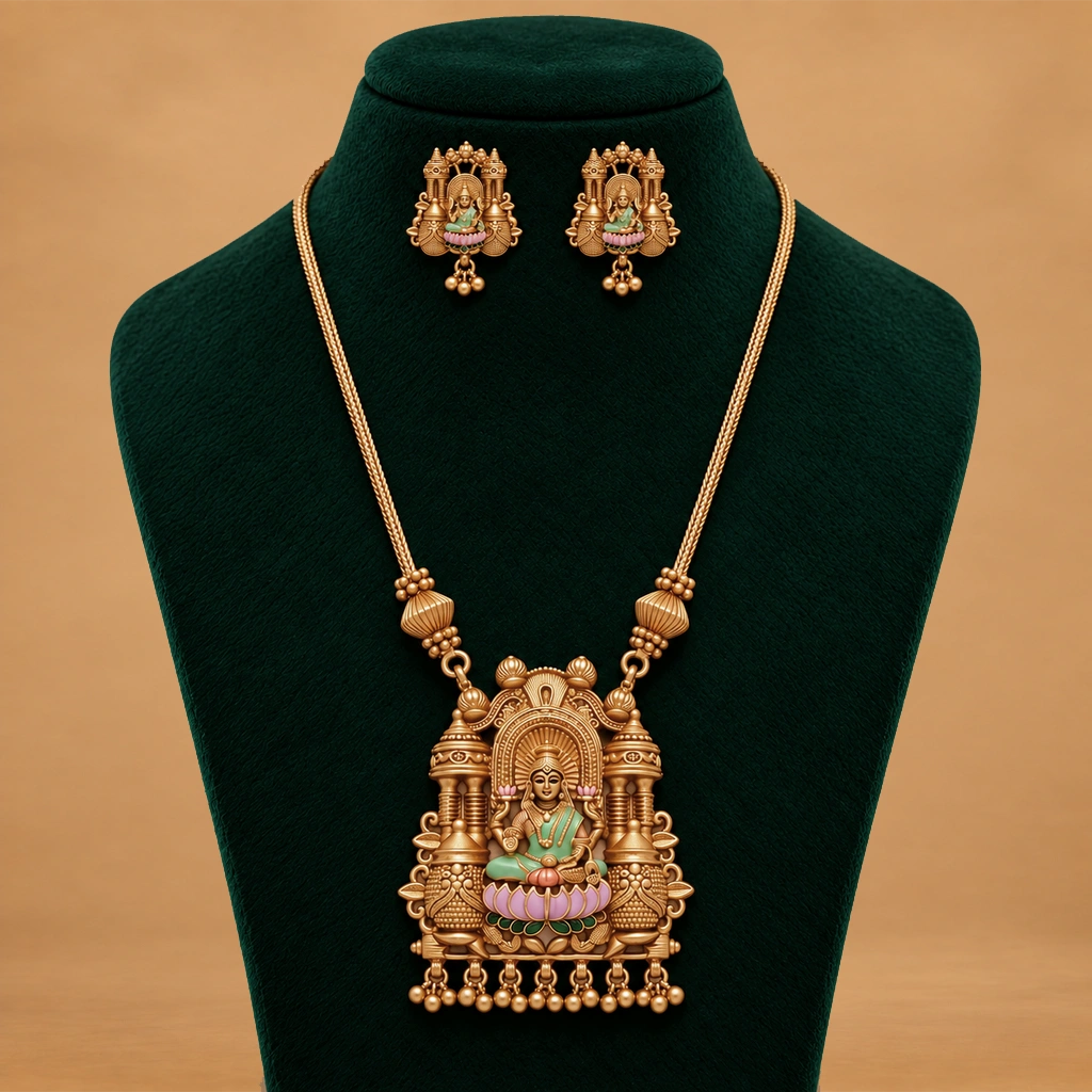 Lakshmi Temple Gold-Tone Necklace Set with Matching Earrings