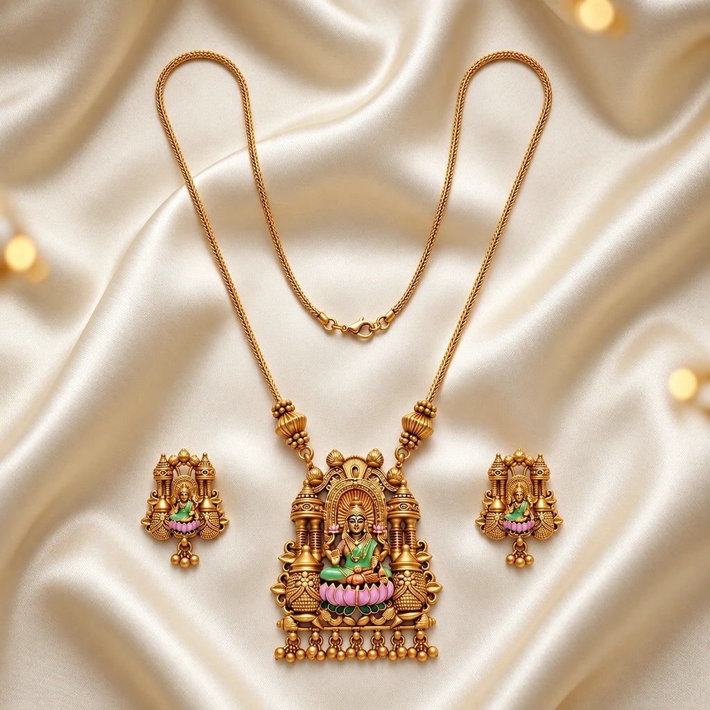 Lakshmi Temple Gold-Tone Necklace Set with Matching Earrings