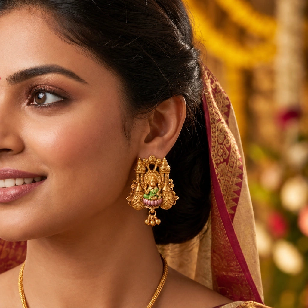 Lakshmi Temple Gold-Tone Necklace Set with Matching Earrings