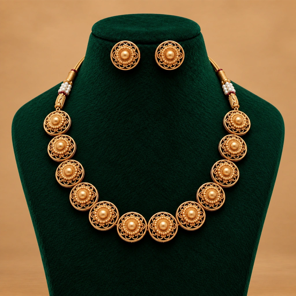 Traditional Gold-Tone Floral Necklace Set with Matching Earrings
