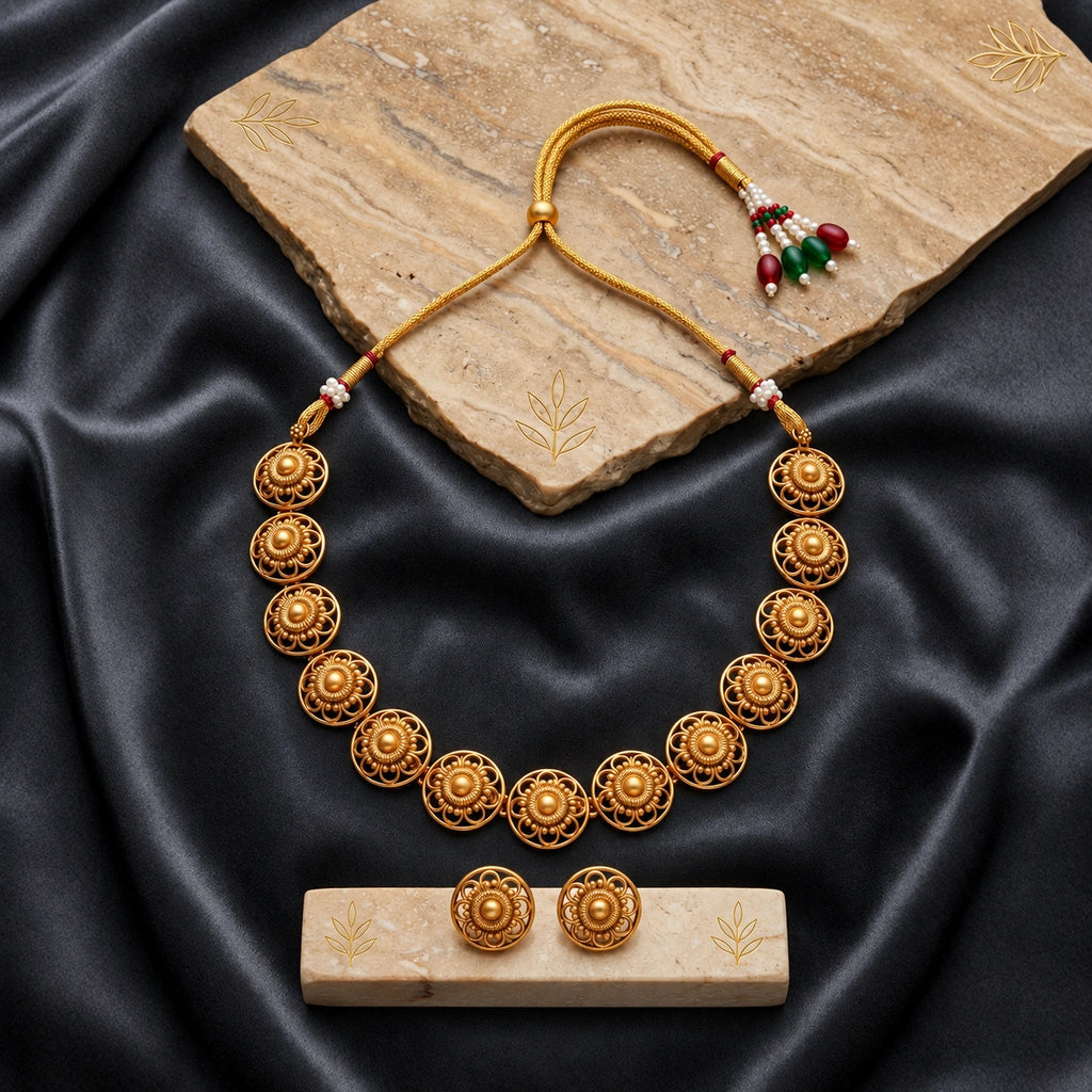Traditional Gold-Tone Floral Necklace Set with Matching Earrings