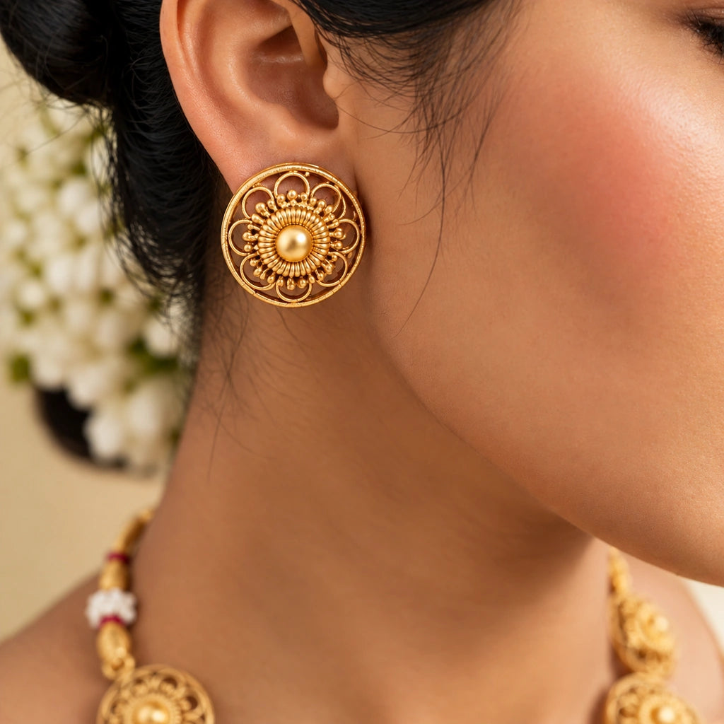 Traditional Gold-Tone Floral Necklace Set with Matching Earrings