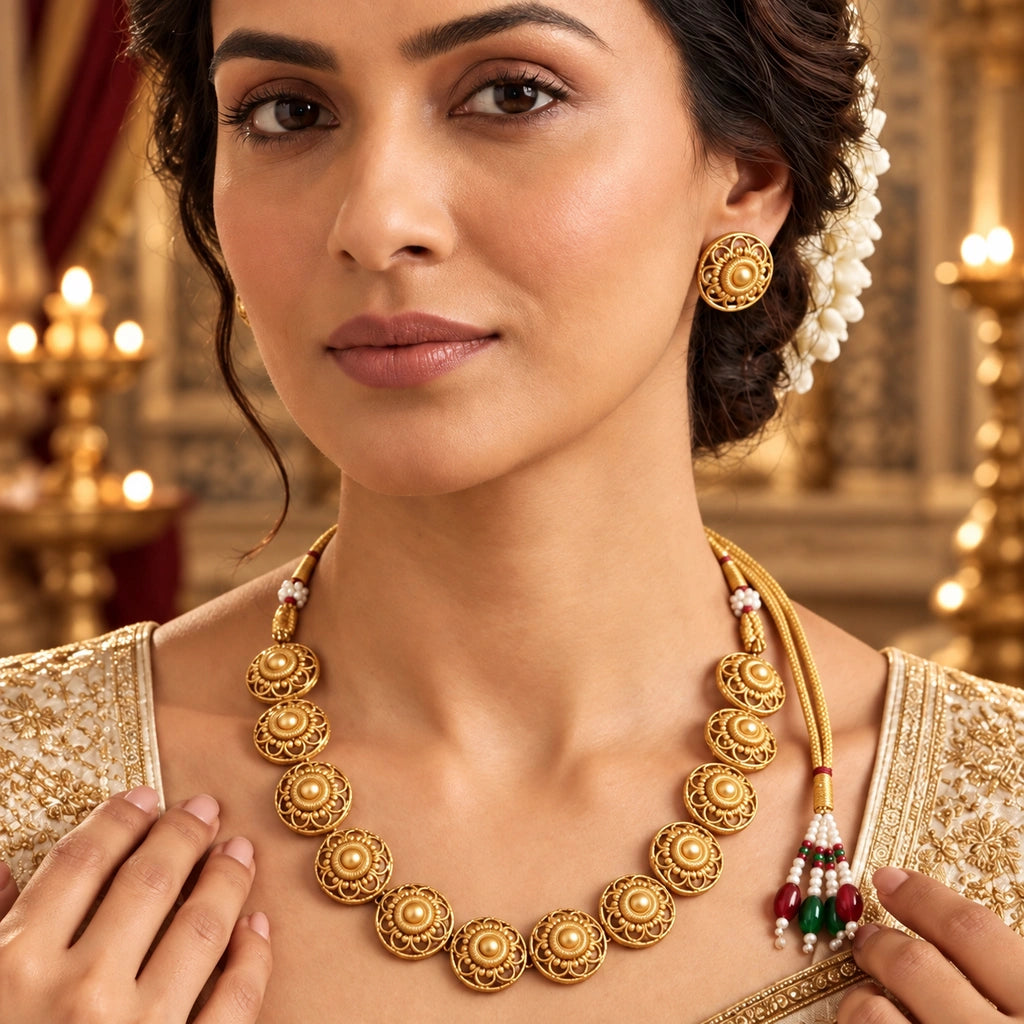 Traditional Gold-Tone Floral Necklace Set with Matching Earrings