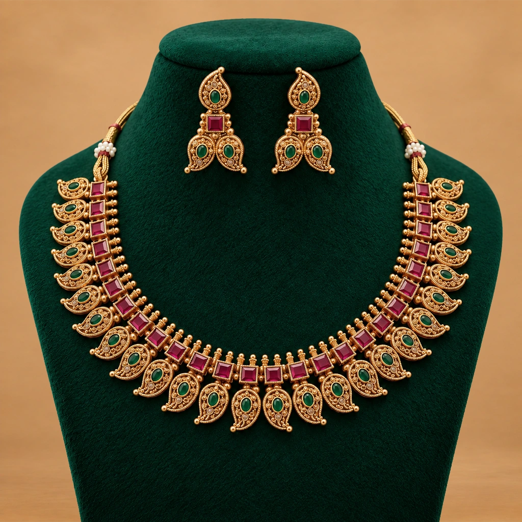 Emerald & Ruby Paisley Necklace Set with Matching Earrings
