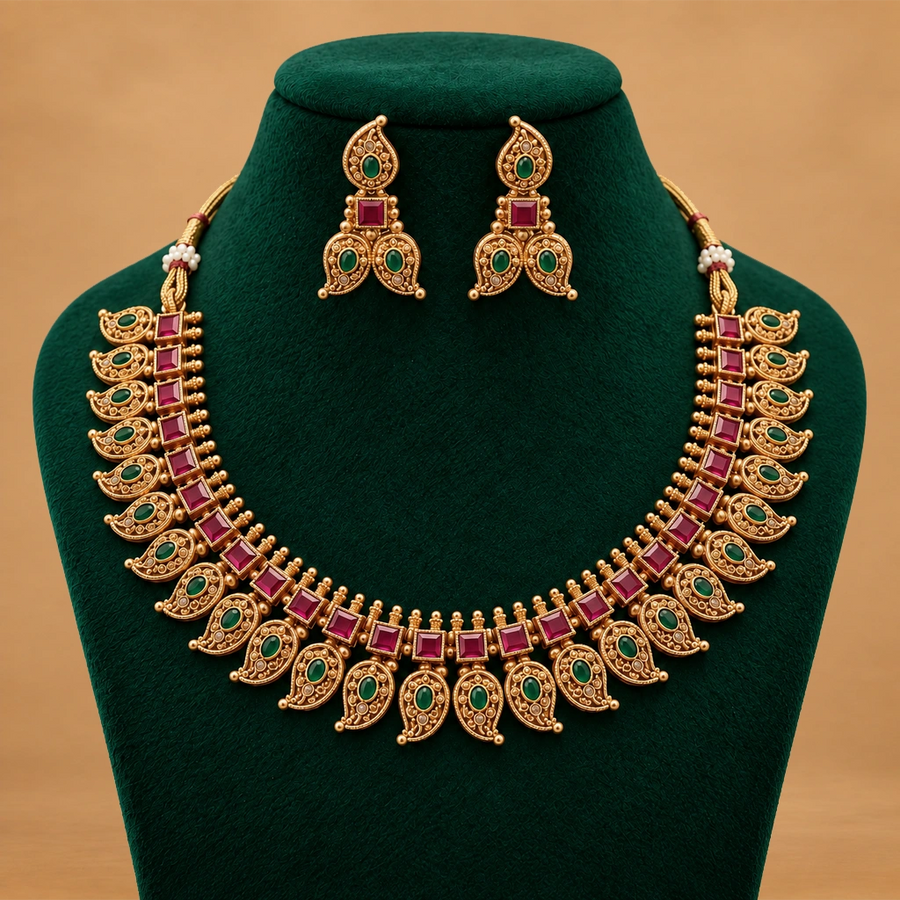 Emerald & Ruby Paisley Necklace Set with Matching Earrings