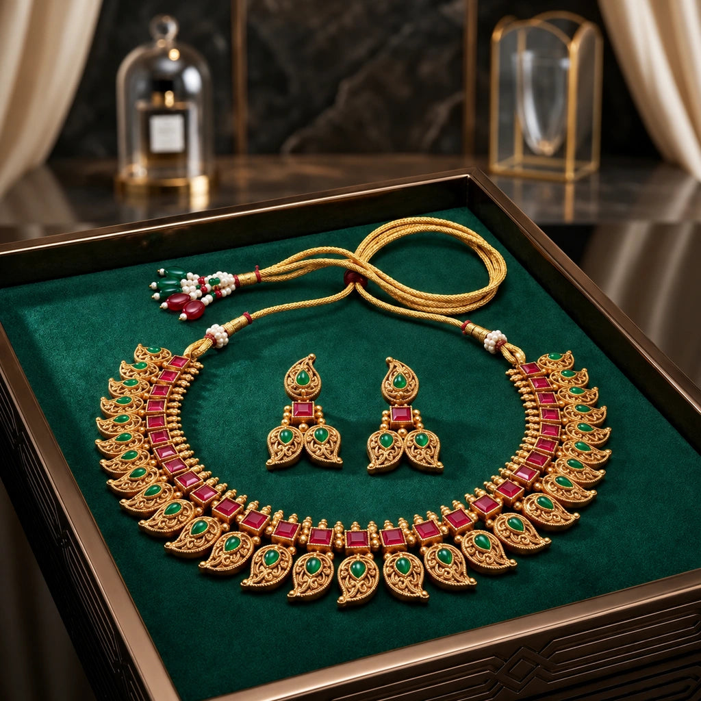 Emerald & Ruby Paisley Necklace Set with Matching Earrings