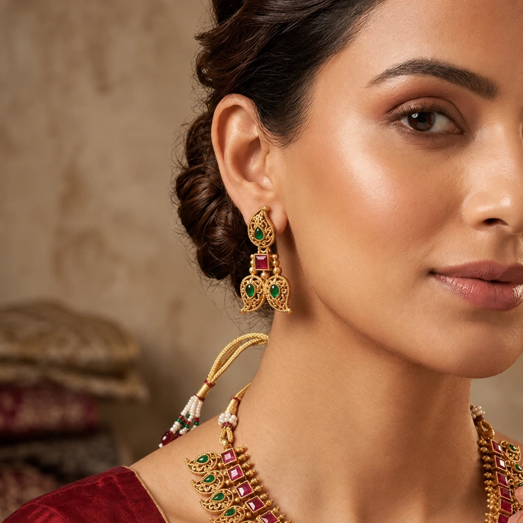 Emerald & Ruby Paisley Necklace Set with Matching Earrings