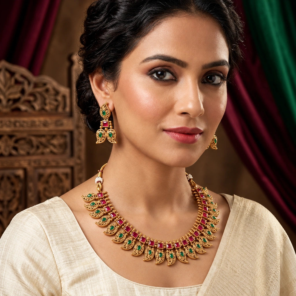 Emerald & Ruby Paisley Necklace Set with Matching Earrings