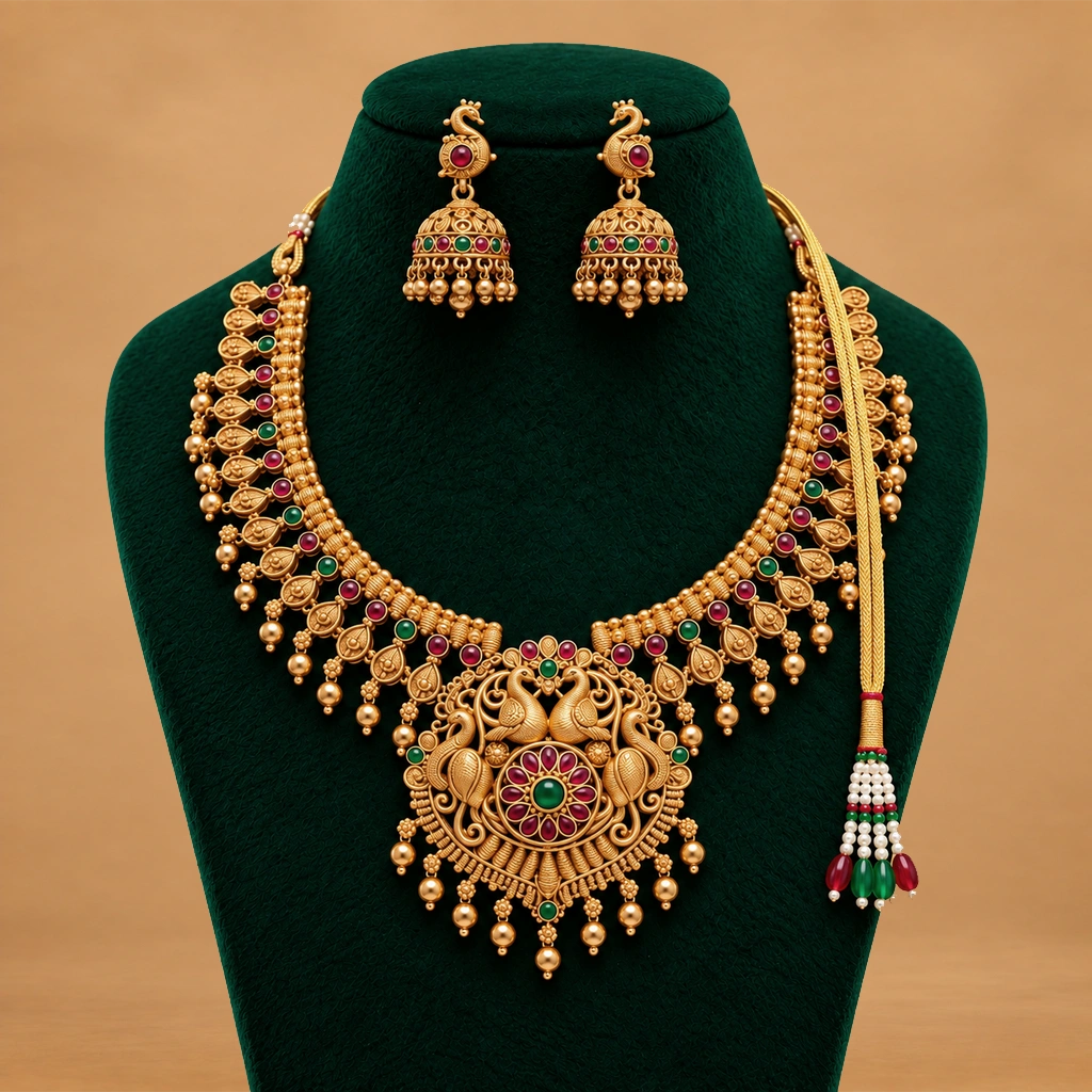 Peacock Heritage Gold-Tone Necklace Set with Matching Jhumka Earrings