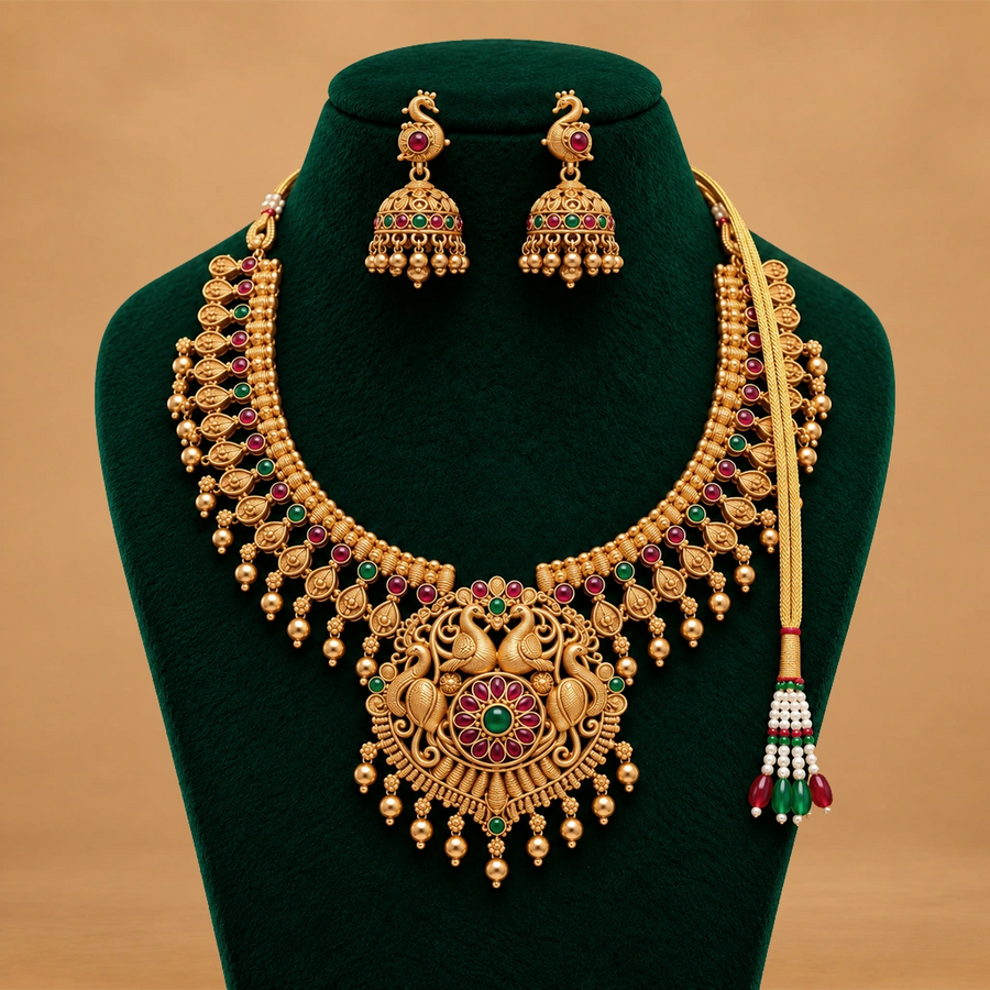 Peacock Heritage Gold-Tone Necklace Set with Matching Jhumka Earrings