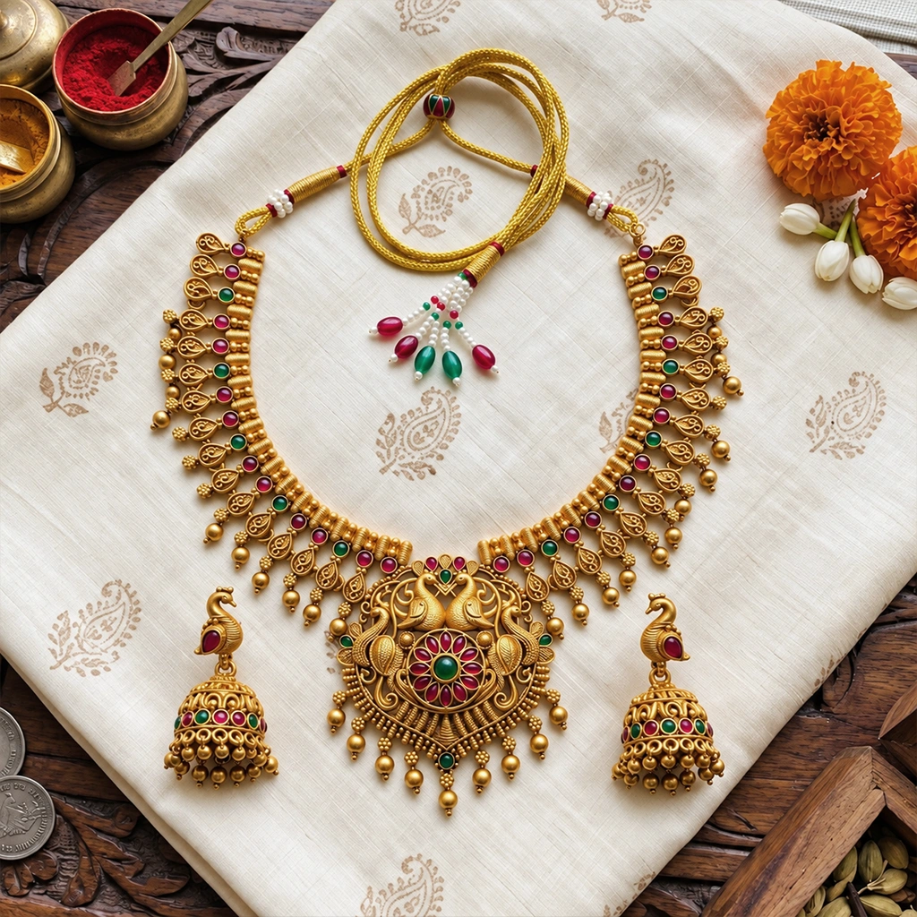 Peacock Heritage Gold-Tone Necklace Set with Matching Jhumka Earrings