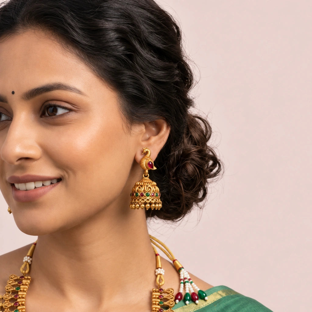 Peacock Heritage Gold-Tone Necklace Set with Matching Jhumka Earrings