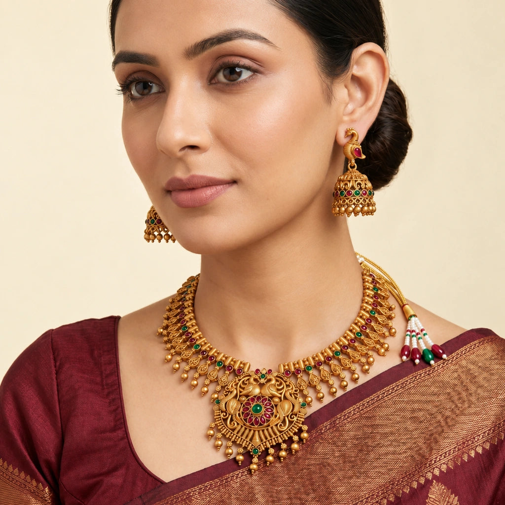 Peacock Heritage Gold-Tone Necklace Set with Matching Jhumka Earrings