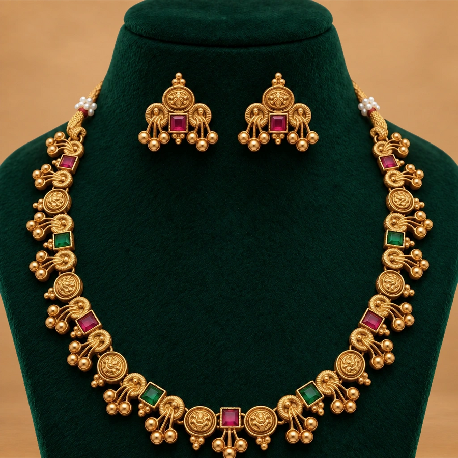 Classic Temple Coin Necklace Set with Ruby & Emerald Accents