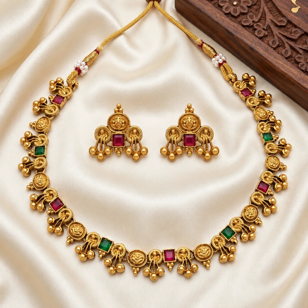 Classic Temple Coin Necklace Set with Ruby & Emerald Accents