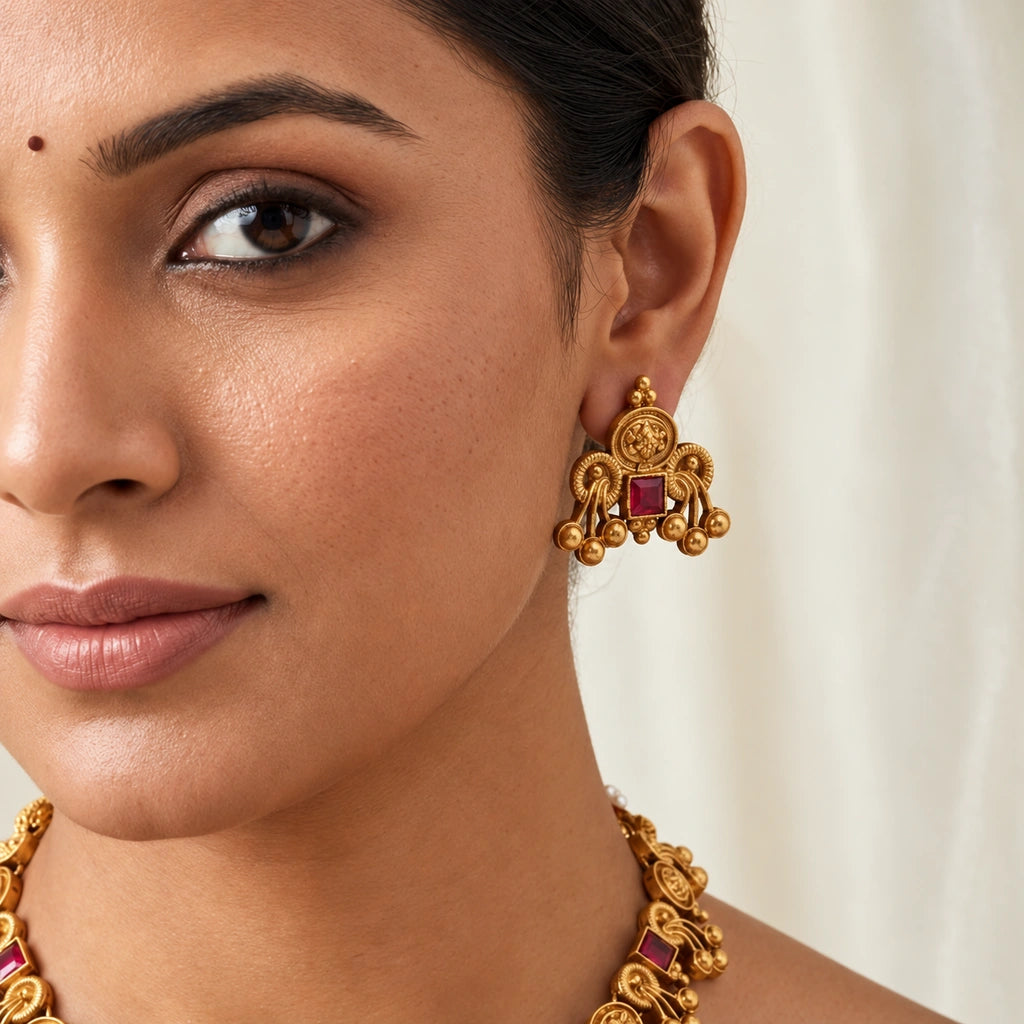 Classic Temple Coin Necklace Set with Ruby & Emerald Accents