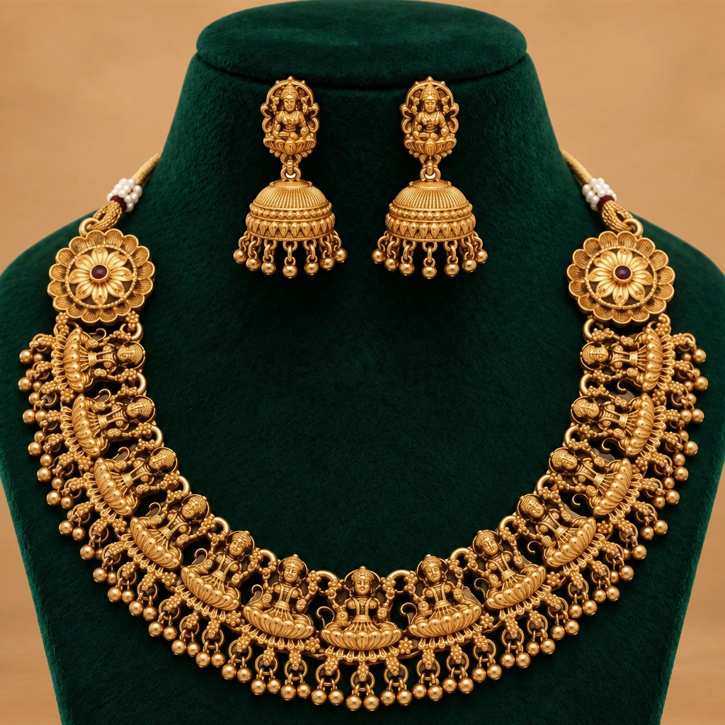 Divine Lakshmi Temple Necklace Set with Matching Jhumka Earrings