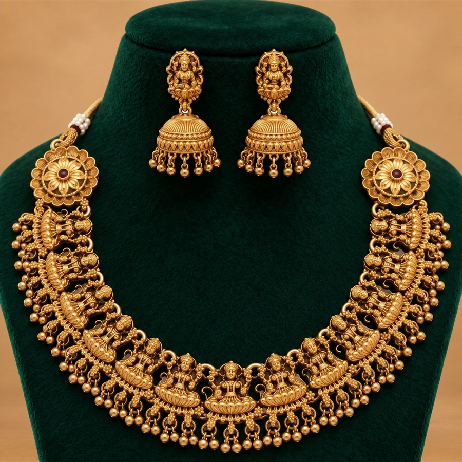 Divine Lakshmi Temple Necklace Set with Matching Jhumka Earrings