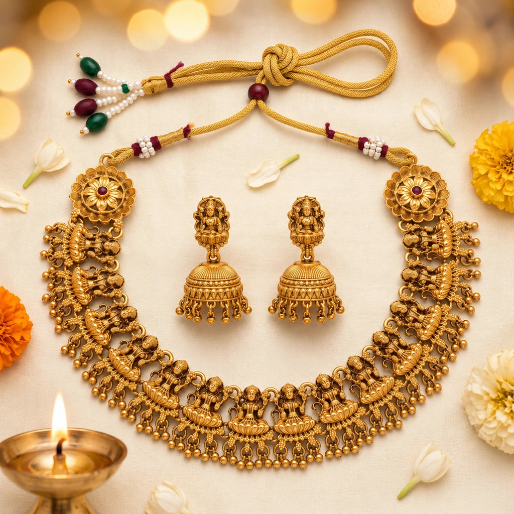 Divine Lakshmi Temple Necklace Set with Matching Jhumka Earrings