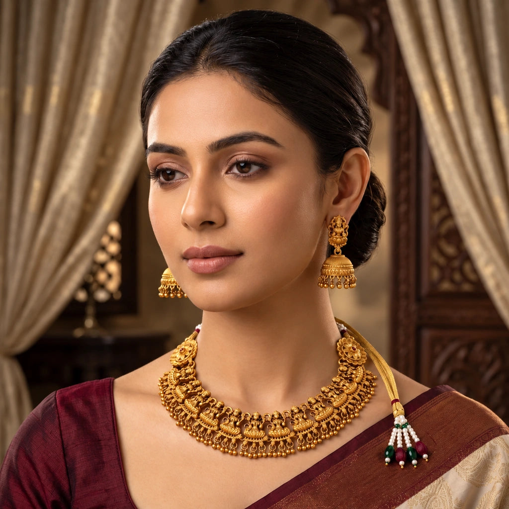 Divine Lakshmi Temple Necklace Set with Matching Jhumka Earrings